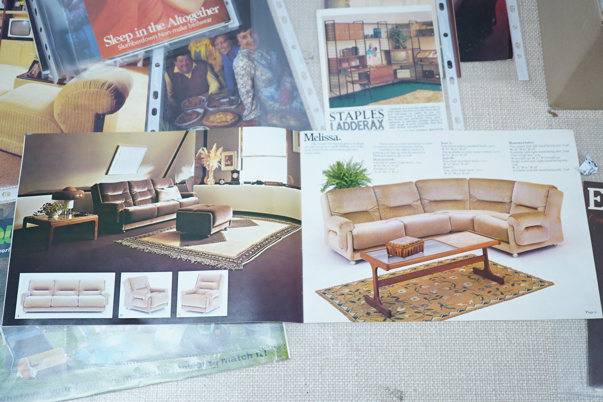 A collection of 1970s advertising booklets for G Plan, Ladderax, Qualcast, Pyrex, etc.